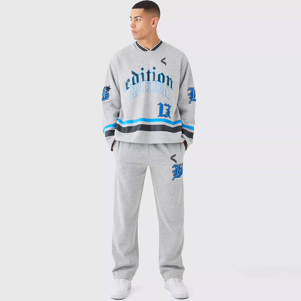 Oversized Varsity Applique V Neck Sweatshirt Tracksuit