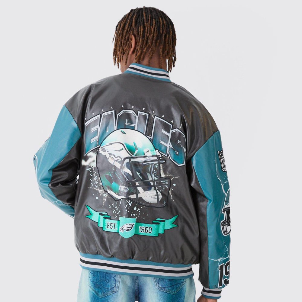 NFL Eagles Oversized Varsity PU Applique Jacket - Image 2